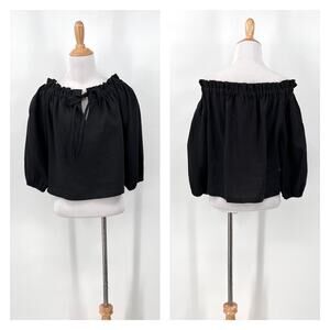 OLD LINEN MILL Off the Shoulder Gathered Top Womens XS Small Black Cropped